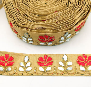Beige Silk Trim With Mirrors Embellishments and Gold Embroidery, Approx. 38mm Wide, Decorative Trim Costume Trim Floral Trim By Yard
